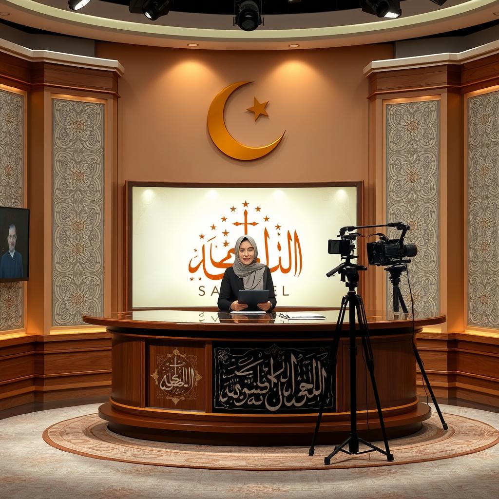 A serene Islamic channel broadcast studio, elegantly adorned with traditional Islamic patterns on the walls, featuring a large crescent moon and star logo