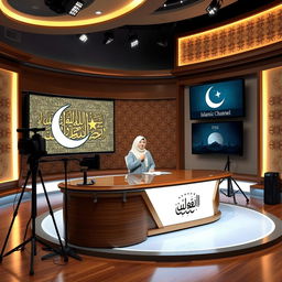 A serene Islamic channel broadcast studio, elegantly adorned with traditional Islamic patterns on the walls, featuring a large crescent moon and star logo