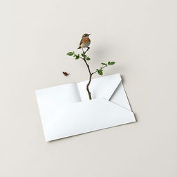 A half-open letter lying on the ground, from which a tree is growing out, symbolizing nature's reclamation