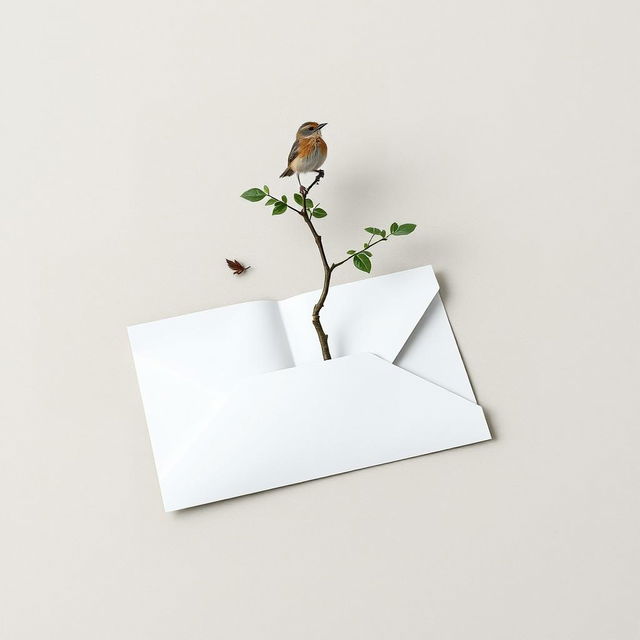 A half-open letter lying on the ground, from which a tree is growing out, symbolizing nature's reclamation