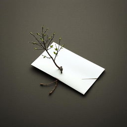 A half-open letter lying on the ground, from which a tree is growing out, symbolizing nature's reclamation