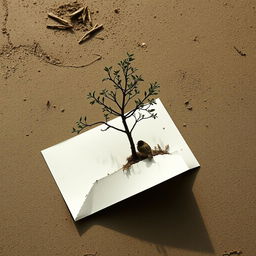 A half-open letter lying on the ground, from which a tree is growing out, symbolizing nature's reclamation