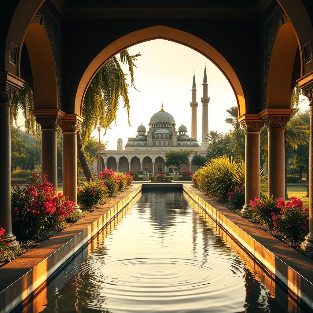 An inviting and serene scene depicting an Islamic channel, with traditional architectural elements such as arches, domes, and intricate tile work