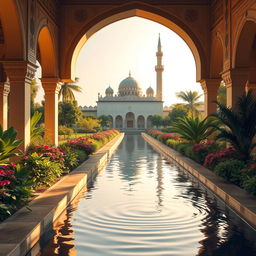 An inviting and serene scene depicting an Islamic channel, with traditional architectural elements such as arches, domes, and intricate tile work