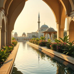 An inviting and serene scene depicting an Islamic channel, with traditional architectural elements such as arches, domes, and intricate tile work