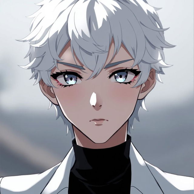 A young anime male character with wavy white hair and distinct white eyelashes