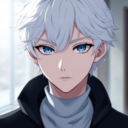 A young anime male character with wavy white hair and distinct white eyelashes