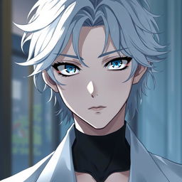 A young anime male character with wavy white hair and distinct white eyelashes