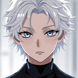 A young anime male character with wavy white hair and distinct white eyelashes