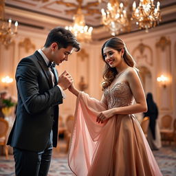 A young man in a stylish, elegant formal suit leaning down to kiss the hand of a beautiful young woman