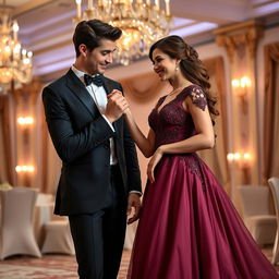 A young man in a stylish, elegant formal suit leaning down to kiss the hand of a beautiful young woman