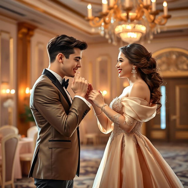 A young man in a stylish, elegant formal suit leaning down to kiss the hand of a beautiful young woman