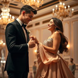 A young man in a stylish, elegant formal suit leaning down to kiss the hand of a beautiful young woman