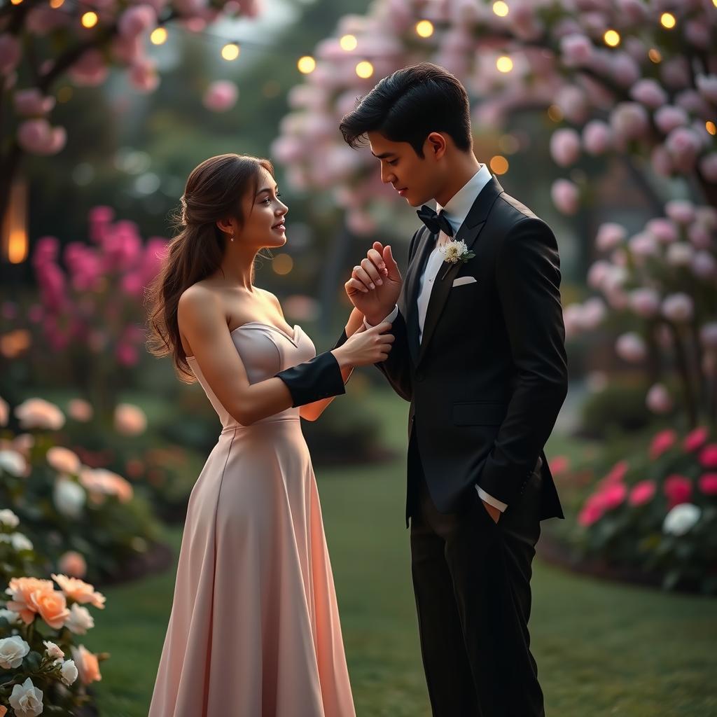 A scene of a young man in a formal and elegant black tuxedo, with a crisp white shirt and a stylish bowtie, gently kissing the hand of a young woman