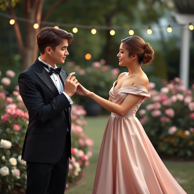 A scene of a young man in a formal and elegant black tuxedo, with a crisp white shirt and a stylish bowtie, gently kissing the hand of a young woman