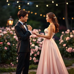 A scene of a young man in a formal and elegant black tuxedo, with a crisp white shirt and a stylish bowtie, gently kissing the hand of a young woman