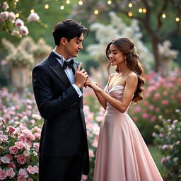 A scene of a young man in a formal and elegant black tuxedo, with a crisp white shirt and a stylish bowtie, gently kissing the hand of a young woman