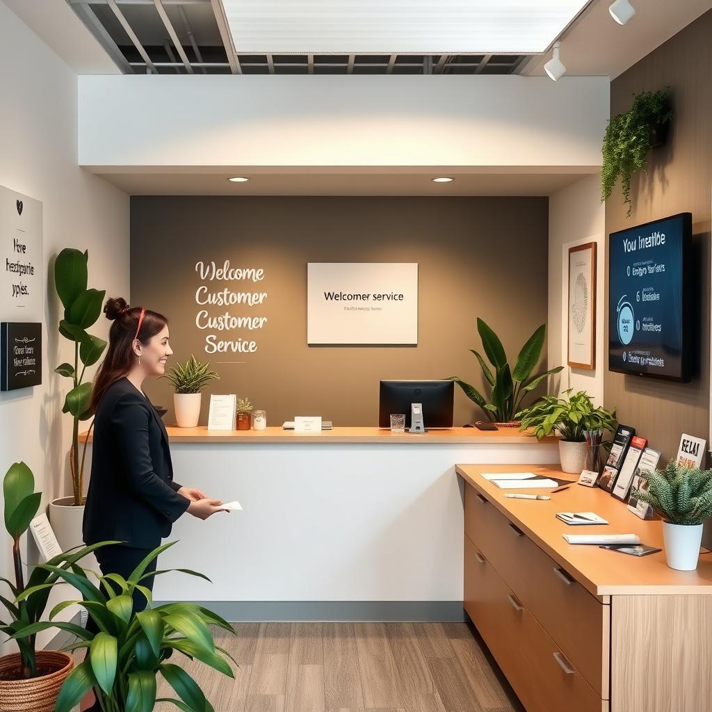 A small and welcoming customer service center, featuring a neat reception area with a warm, friendly atmosphere