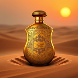 A luxurious perfume bottle named 'Vintage Sahara', designed to evoke the essence of the ancient Sahara desert