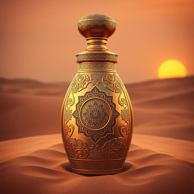 A luxurious perfume bottle named 'Vintage Sahara', designed to evoke the essence of the ancient Sahara desert