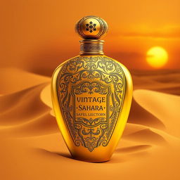 A luxurious perfume bottle named 'Vintage Sahara', designed to evoke the essence of the ancient Sahara desert