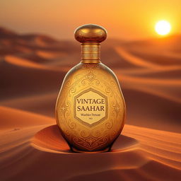 A luxurious perfume bottle named 'Vintage Sahara', designed to evoke the essence of the ancient Sahara desert