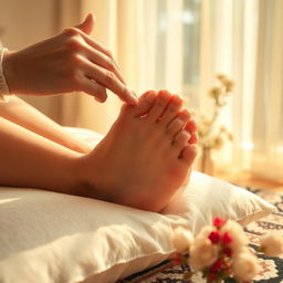 A close-up shot of a pair of beautifully manicured female feet resting on a soft, fluffy pillow