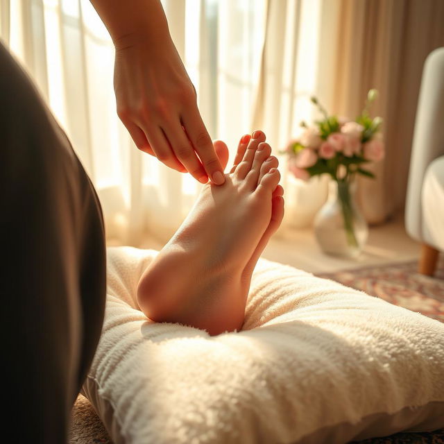 A close-up shot of a pair of beautifully manicured female feet resting on a soft, fluffy pillow