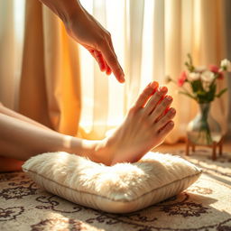 A close-up shot of a pair of beautifully manicured female feet resting on a soft, fluffy pillow