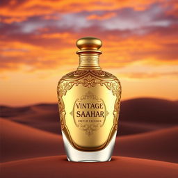 A luxurious perfume bottle named 'Vintage Sahara', designed to reflect the essence of the ancient Sahara Desert