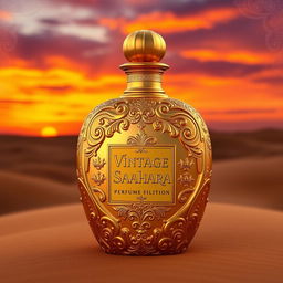 A luxurious perfume bottle named 'Vintage Sahara', designed to reflect the essence of the ancient Sahara Desert