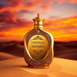 A luxurious perfume bottle named 'Vintage Sahara', designed to reflect the essence of the ancient Sahara Desert