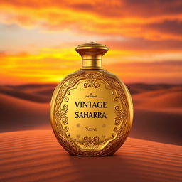 A luxurious perfume bottle named 'Vintage Sahara', designed to reflect the essence of the ancient Sahara Desert
