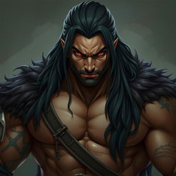 A powerful and imposing male warrior characterized by his long black hair cascading down his shoulders, piercing red eyes that seem to glow menacingly, and high cheekbones that enhance his sharp and intense features
