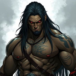 A powerful and imposing male warrior characterized by his long black hair cascading down his shoulders, piercing red eyes that seem to glow menacingly, and high cheekbones that enhance his sharp and intense features