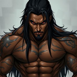 A powerful and imposing male warrior characterized by his long black hair cascading down his shoulders, piercing red eyes that seem to glow menacingly, and high cheekbones that enhance his sharp and intense features