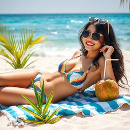 A confident and relaxed Korean girl in a bikini, lounging on a beach towel under the sun, with sunglasses on