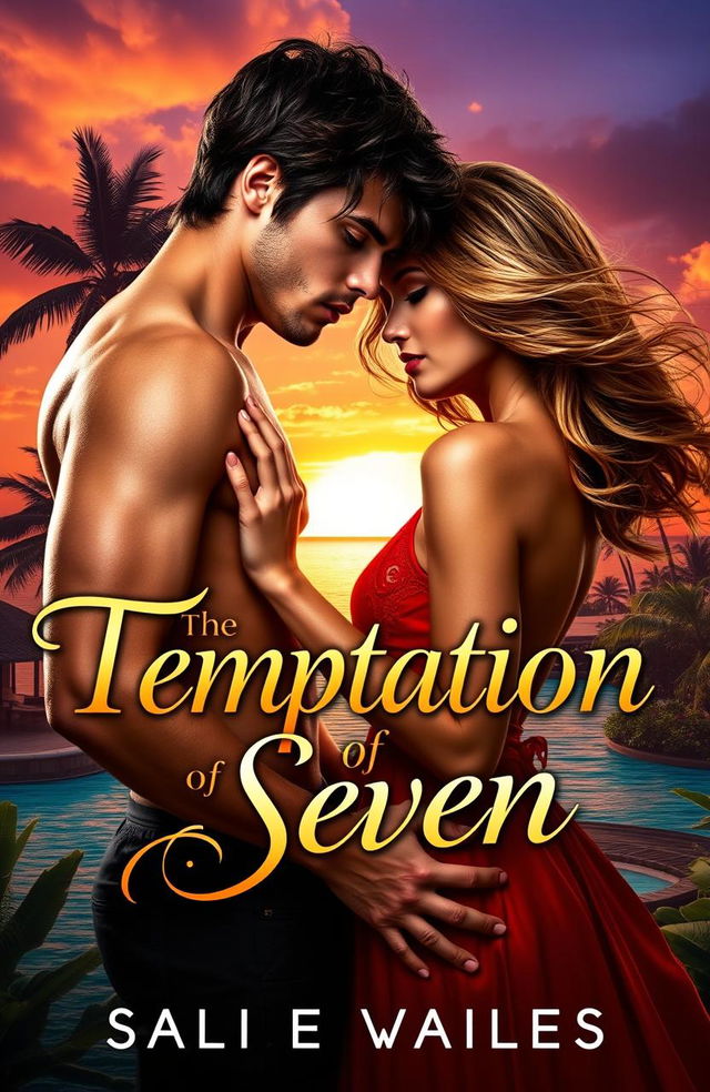 A captivating book cover for a sizzling romance novel titled 'The Temptation of Seven'