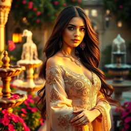 A beautiful Persian woman with long flowing dark hair and striking features, wearing an elegant and intricate traditional Persian dress that highlights her curves