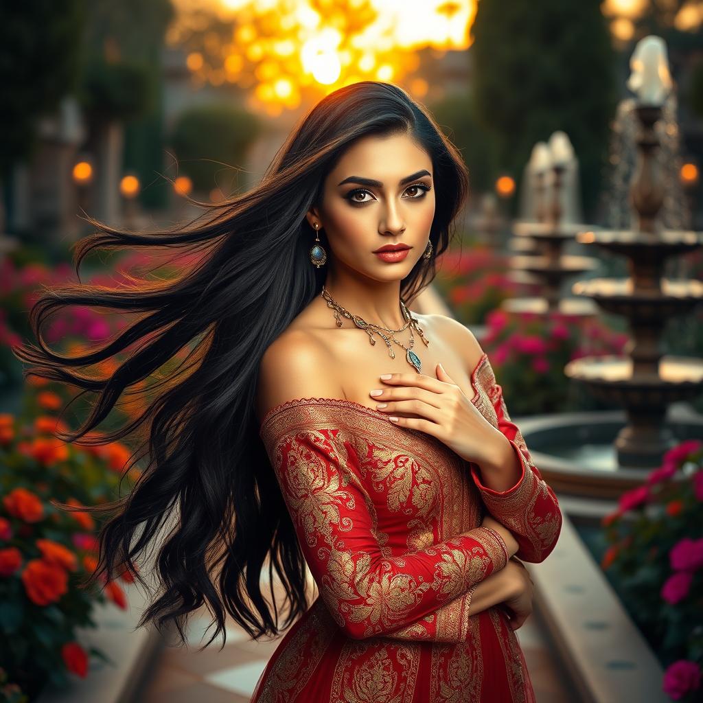 A beautiful Persian woman with long flowing dark hair and striking features, wearing an elegant and intricate traditional Persian dress that highlights her curves