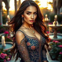 A beautiful Persian woman with long flowing dark hair and striking features, wearing an elegant and intricate traditional Persian dress that highlights her curves