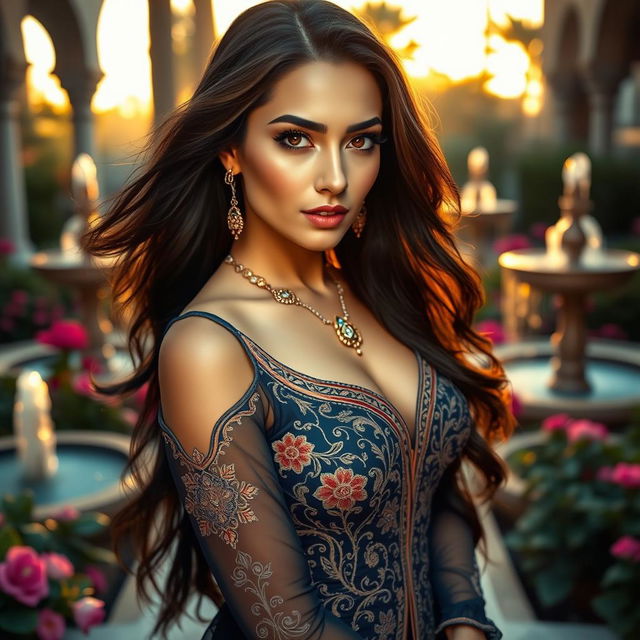 A beautiful Persian woman with long flowing dark hair and striking features, wearing an elegant and intricate traditional Persian dress that highlights her curves