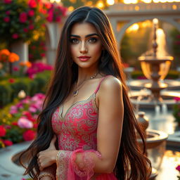 A beautiful Persian woman with long flowing dark hair and striking features, wearing an elegant and intricate traditional Persian dress that highlights her curves