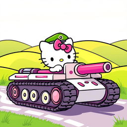 A whimsical scene featuring a tank being driven by a cute, anthropomorphic Hello Kitty