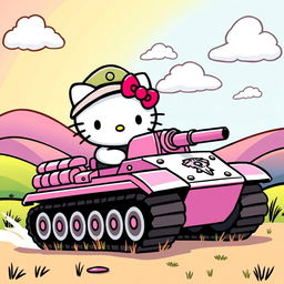 A whimsical scene featuring a tank being driven by a cute, anthropomorphic Hello Kitty