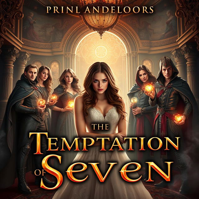 A sensual book cover for a steamy romance novel titled 'The Temptation of Seven'