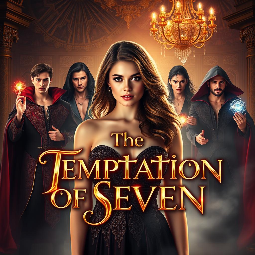 A sensual book cover for a steamy romance novel titled 'The Temptation of Seven'