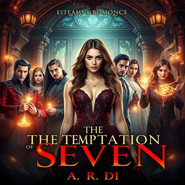 A visually striking book cover for the steamy romance novel 'The Temptation of Seven' by A