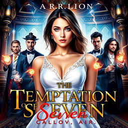A visually striking book cover for the steamy romance novel 'The Temptation of Seven' by A