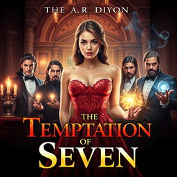 A visually striking book cover for the steamy romance novel 'The Temptation of Seven' by A